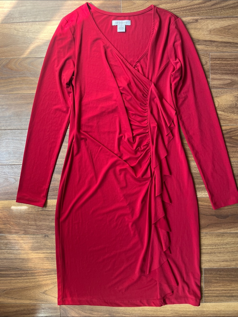 Liz Claiborne Red Ruched Wrap-Style Long Sleeve Dress V-Neck Formal